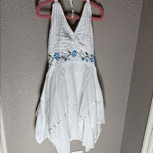 White Halter Dress with Floral Embroidery